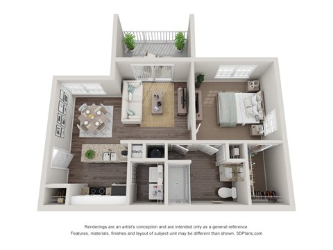 Floor plan for 1 bed, 1 bath, 761 sqft